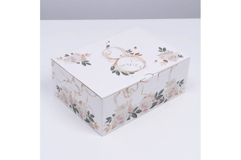 Коробка сборная белая «С 8 марта», 30 × 23 × 12 см