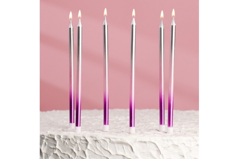 Свечи в торт "Ройс. Градиент", 6 шт, высокие, 14 см, фиолетовый, розовый, серебро