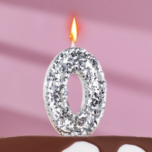 Свеча в торт «Блестки», цифра "0", серебро, 6.5х4