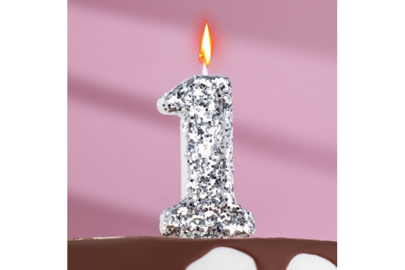 Свеча в торт «Блестки», цифра "1", серебро, 6.5х4