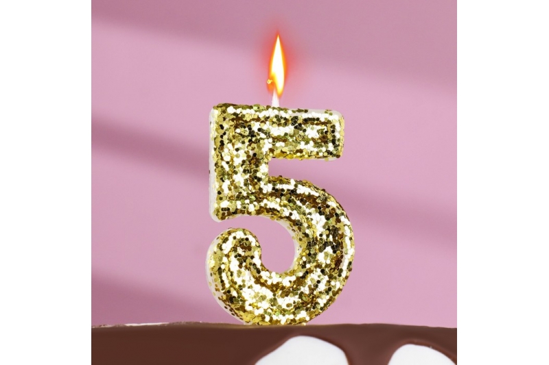 Свеча в торт «Блестки», цифра "5", золото, 6.5х4