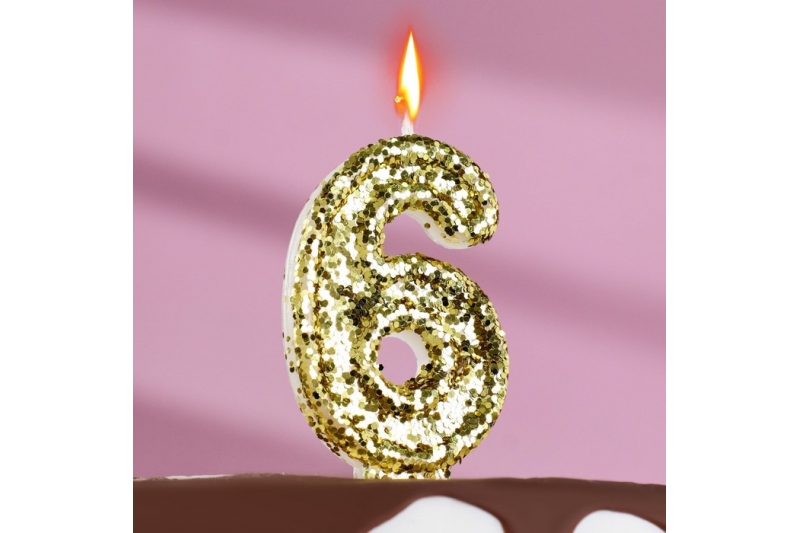 Свеча в торт «Блестки», цифра "6", золото, 6.5х4